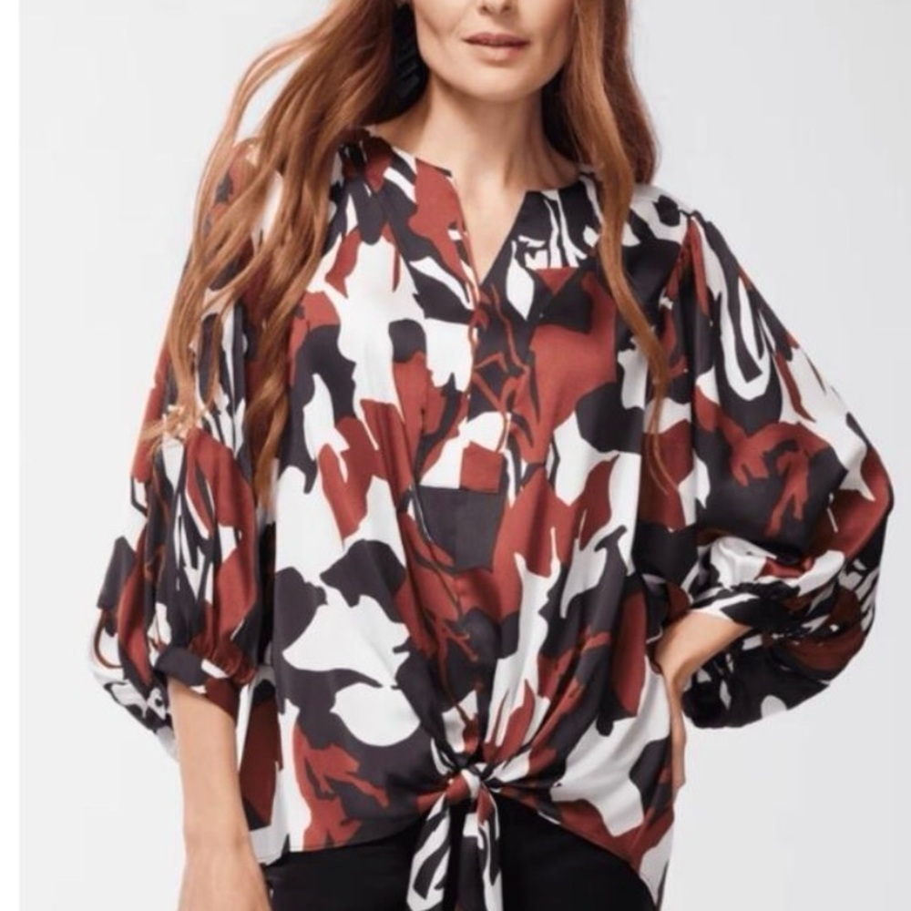 Chico's Satin Black, White, and Brown Abstract Blouse - Picture 4 of 4